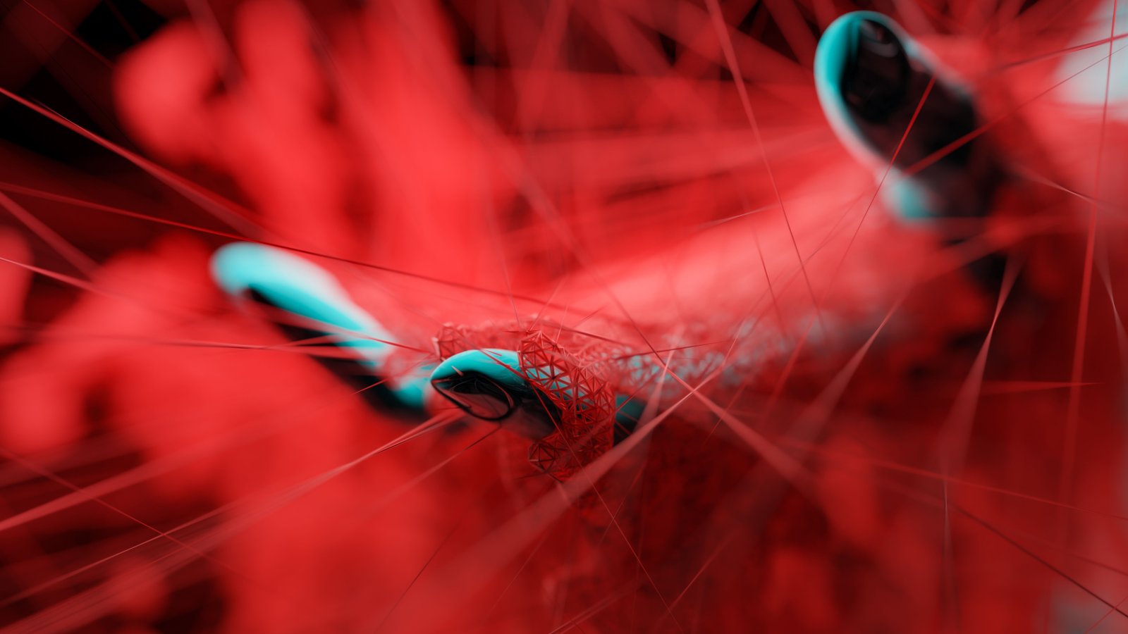 An extreme close-up of crisscrossing bicycle spokes radiating outward, a simple wheel rendered as tangled complexity