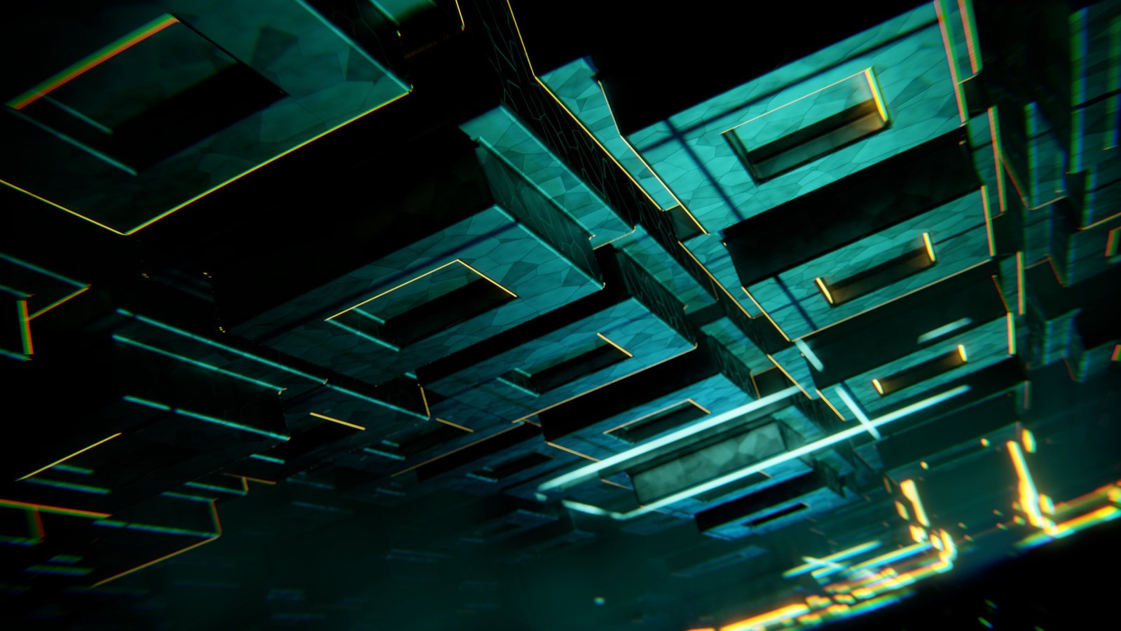 Abstract turquoise architectural fragments glitching apart against black, evoking overbuilt, disconnected structure